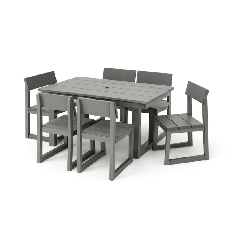 7 Outdoor Dining For 6, Weather- Patio Furniture In Gray With Table And 6 Armless Chairs Poolside Entertaining Umbrella Hole Get - Togethers