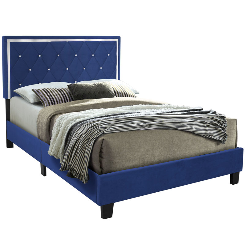 Lit plateforme en bois massif Miekai, Double, Bleu