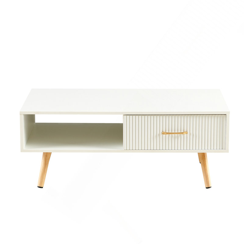 Rectangle Coffee Table With, Sliding Drawer For Storage, Modern Table For Living Room , White, White