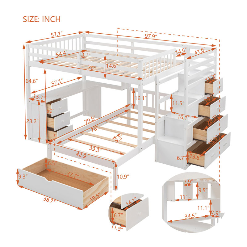 Lit superposé double au-dessus de simple avec bureau, tiroirs et tablettes, blanc
