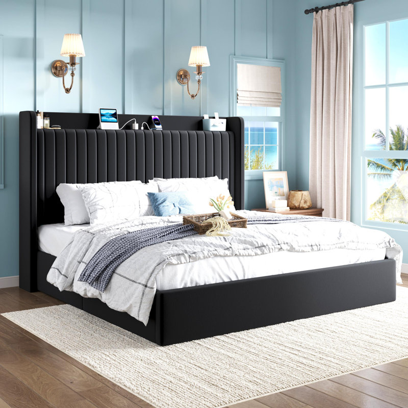Hydraulic Lift Up Storage Upholstered Platform Bed With Shelf And Charging Station, Black, King