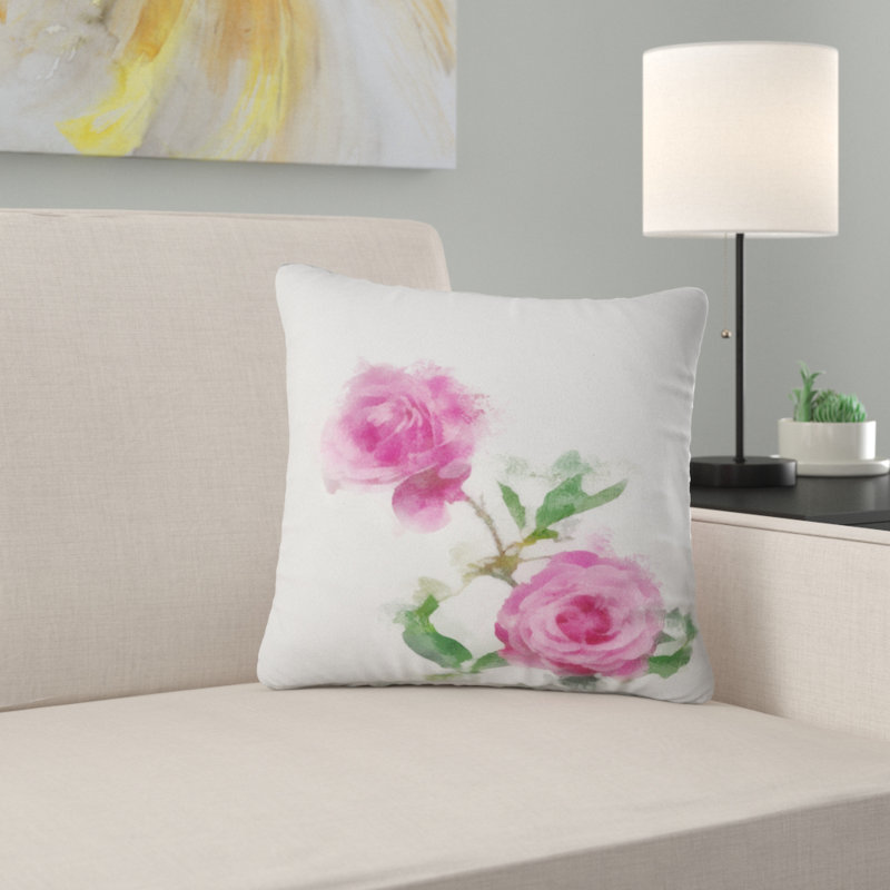 Tige de rose avec paire de roses - coussin à imprimé floral, 16 po x 1 po, Coussin décoratif