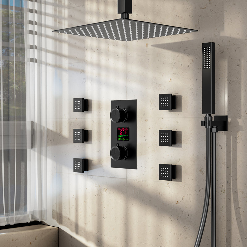 Digital Display Pressure‑Balanced Shower System, 12" Ceiling Mount Rainfall Shower Faucet with Handheld Spray, Matte Black