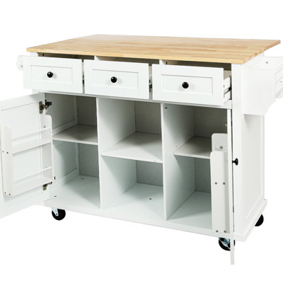 White Kitchen Cart With Cabinet Feet Replacement Option Drop Storage, 5 Smooth Rolling Wheels & Finish