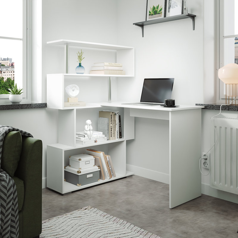 Bureau d'ordinateur en L avec armoire en L 41,73 po Passonno, Blanc