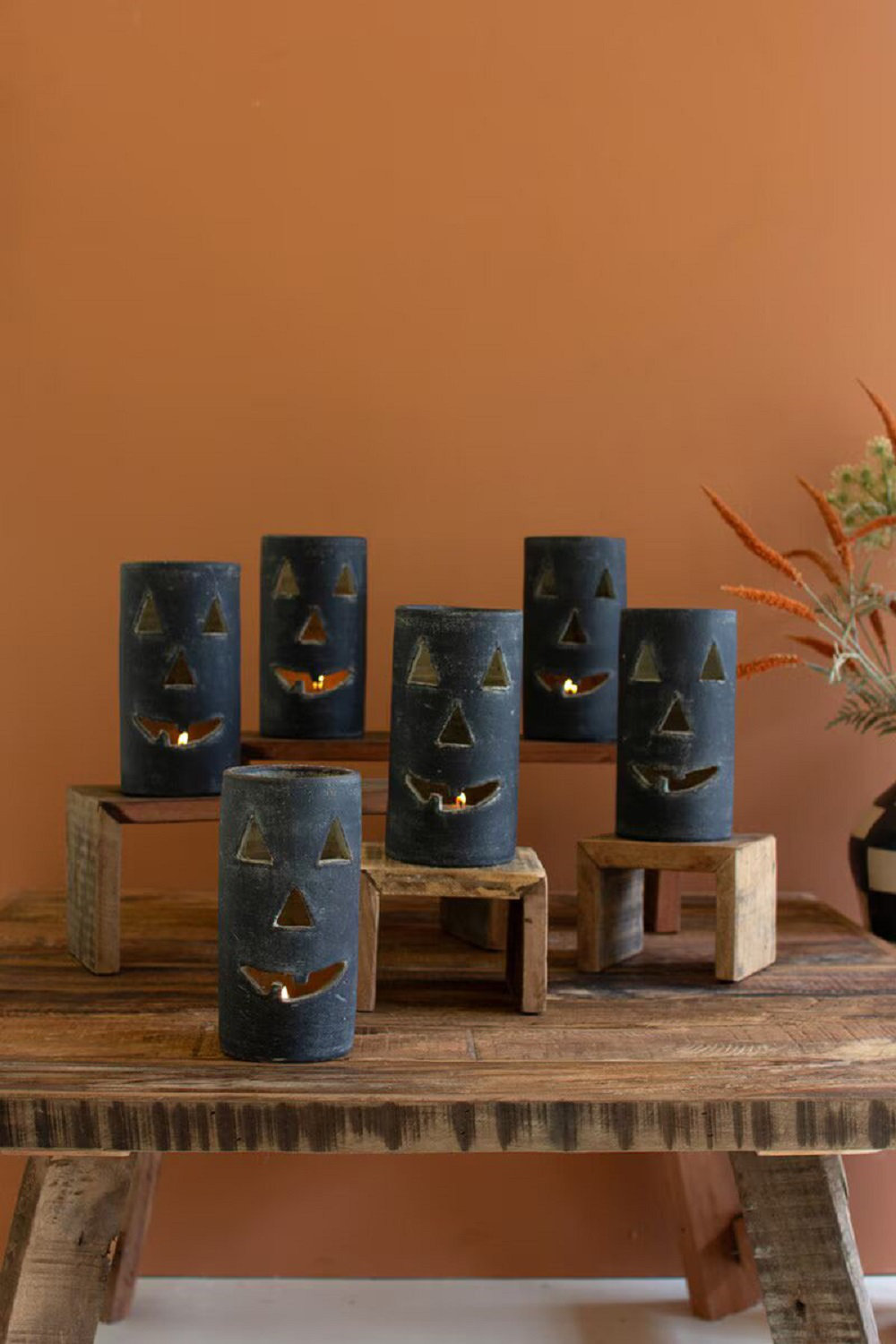 SHORT BLACK CLAY JACK-O-LANTERN, 8" H x 4" W x 4" D