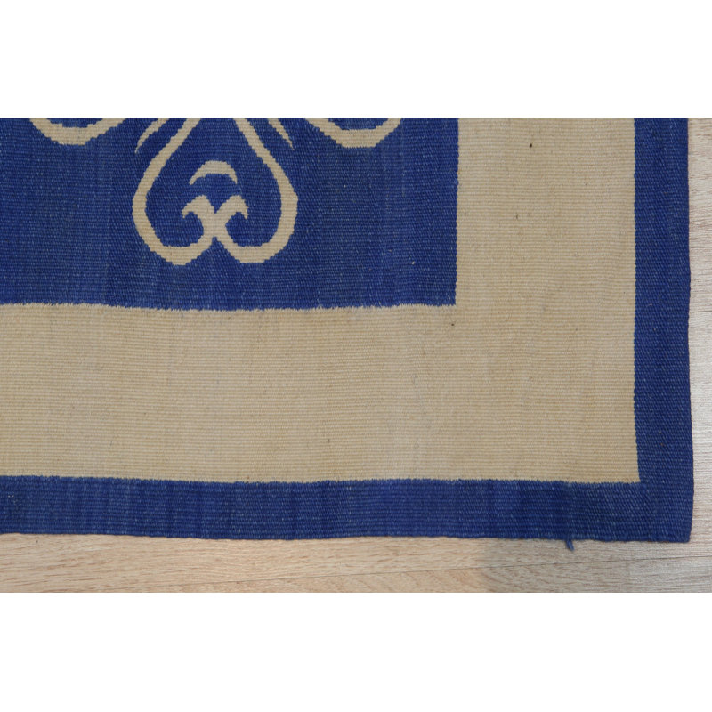 Blue Handwoven Wool Clover Grid Geometric Modern Contemporary Carpet Rug, 6' x 8'
