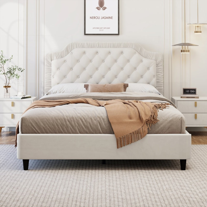 Très grand lit tapissier avec tête de lit capitonnée et capitonnée - Aucun sommier requis, robuste Durable