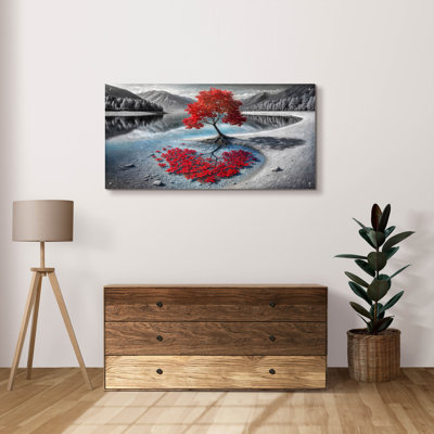 «Red Tree and Mountain Lake» par Rey Klimt, art mural acrylique