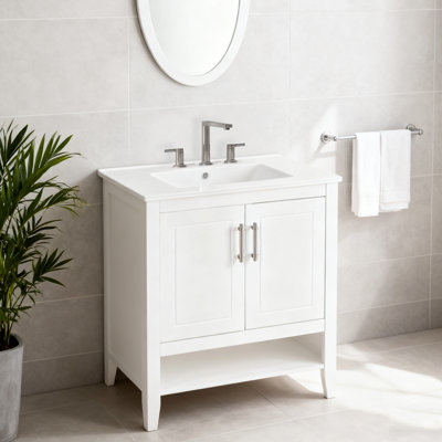 Meuble-lavabo simple de 30 po avec cadre en bois massif, lavabo en céramique intégré et 4 tiroirs de rangement