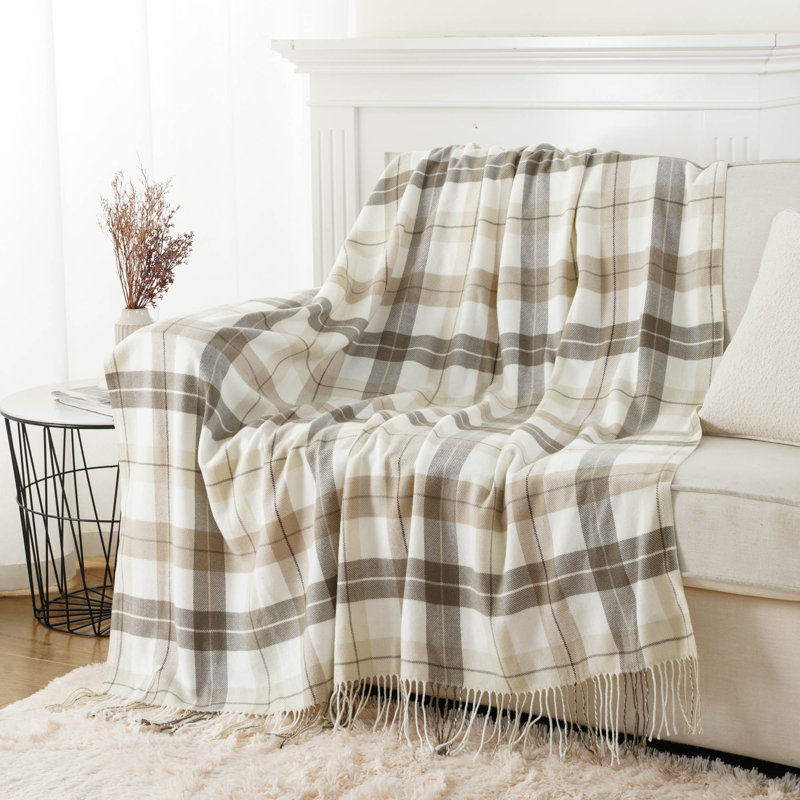 Plaid Throw Blanket, Farmhouse Checkered Throws, White/Gray