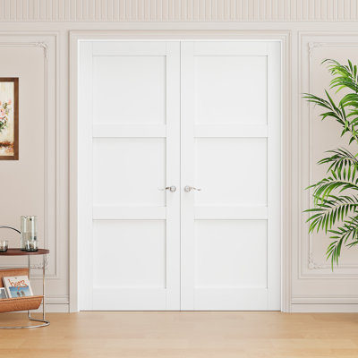 Interior 3-Panel Solid Core Door, CARB P2 Certified MDF Double French Doors, Includes Satin Nickel Hardware-Privacy Door Lever with Lock, Latch & Hinges, Pre‑Finished & Waterproof, Pantry, Bedroom, Bathroom & Closet, Easy DIY Stain, 60"x 80"