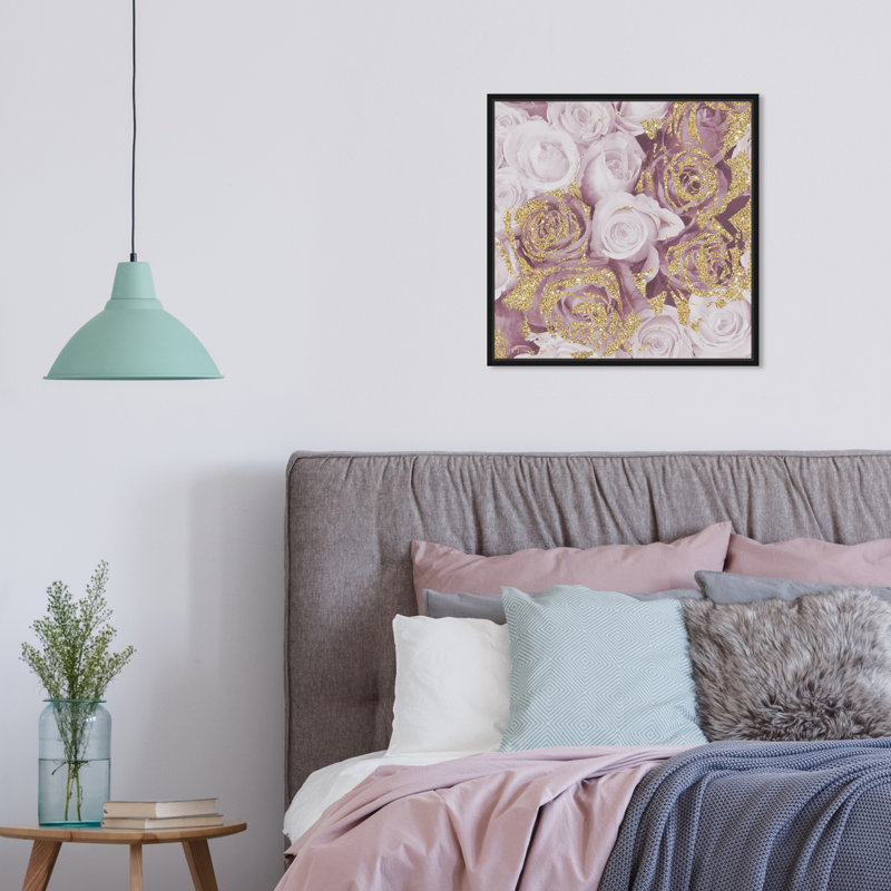 Mauve, paillettes, roses, carrés, fleurs, impression, Toile avec cadre noir, H 16 po x l 16 po