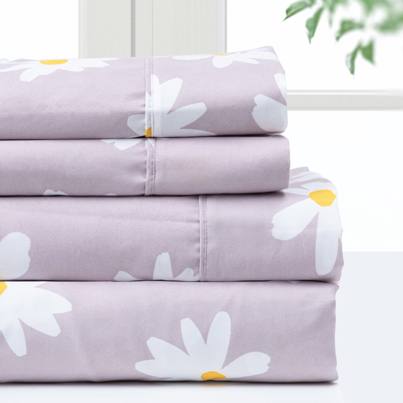 Ensemble de draps Pointehaven - ensemble de 4 pièces - 100% microfibre de polyester, poches profondes, doux (marguerite double)