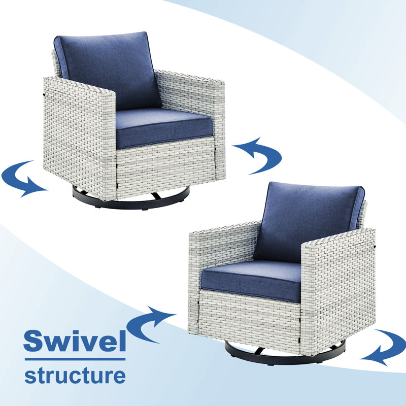 Nazime Swivel and Glider Patio Chair with Cushions, Navy Blue, Light Gray