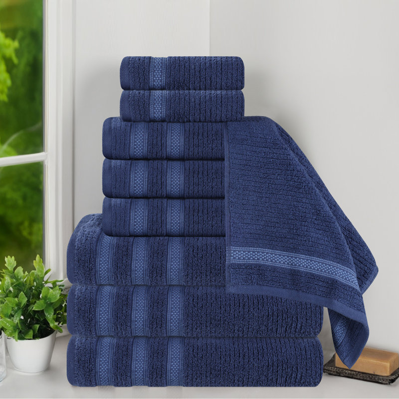 Orley Zero Twist Cotton Ribbed Modern Geometric Border Soft Highly-Absorbent Assorted 9 Piece Bathroom Towel Set, Navy Blue
