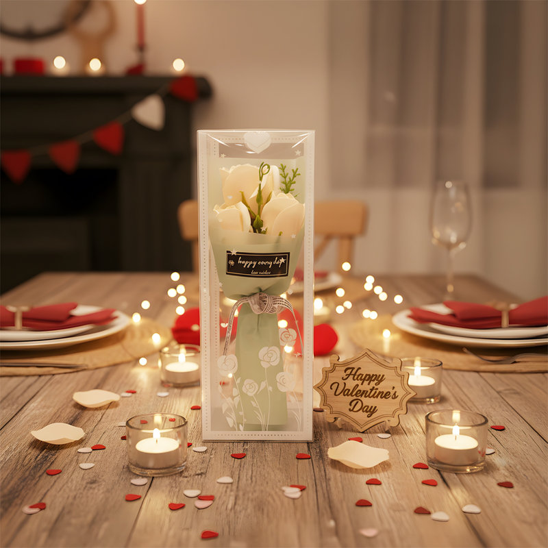 Bouquet de fleurs de savon artificiel champagne à 3 têtes, pétales de trempage, cadeau de bouquet de la Saint-Valentin, sac de cadeau inclus.