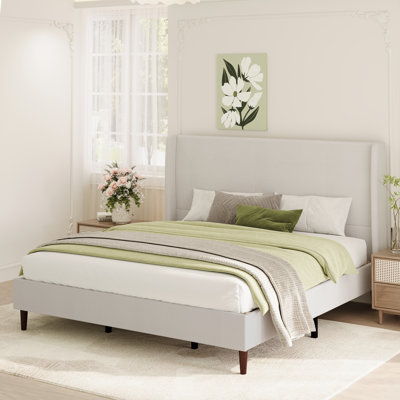 High Headboard Upholstered Bed, King Size Bed Frame, 12-Slat Support, Easy to Assemble, Beige, Chenille Cloth, No Box Spring Needed
