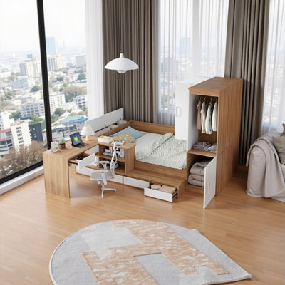104.9" Multi-Functional Storage Bed Platform Bed with Desk & Wardrobe - Full Size