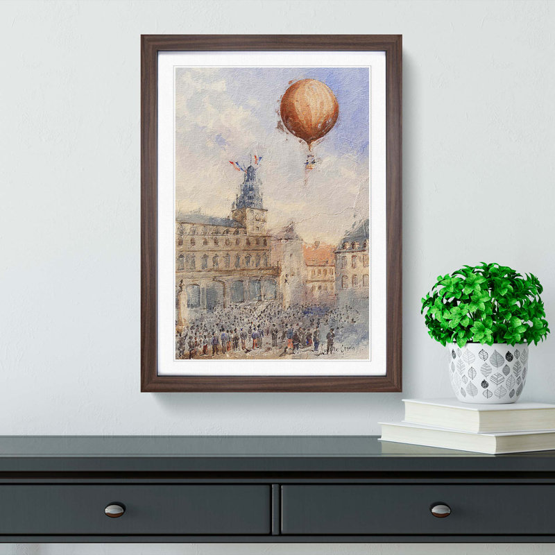 Hot Air Balloon Above Paris by Camille Gravis - Picture Frame Painting Print, Walnut Framed, 65cm H x 48cm W x 2cm D