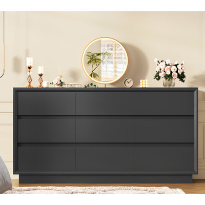 Commode 63 po avec 9 tiroirs, commode noire avec glissière en métal, commodes de chambre à coucher, commodes en bois et commodes de chambre à coucher, couloir, noir