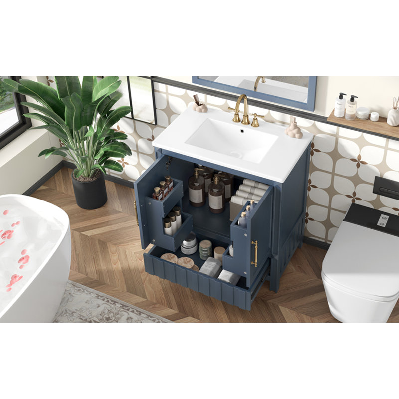 Meuble-lavabo et lavabo de salle de bain moderne bleu, bois massif et panneau de fibres à densité moyenne, conception peu encombrante