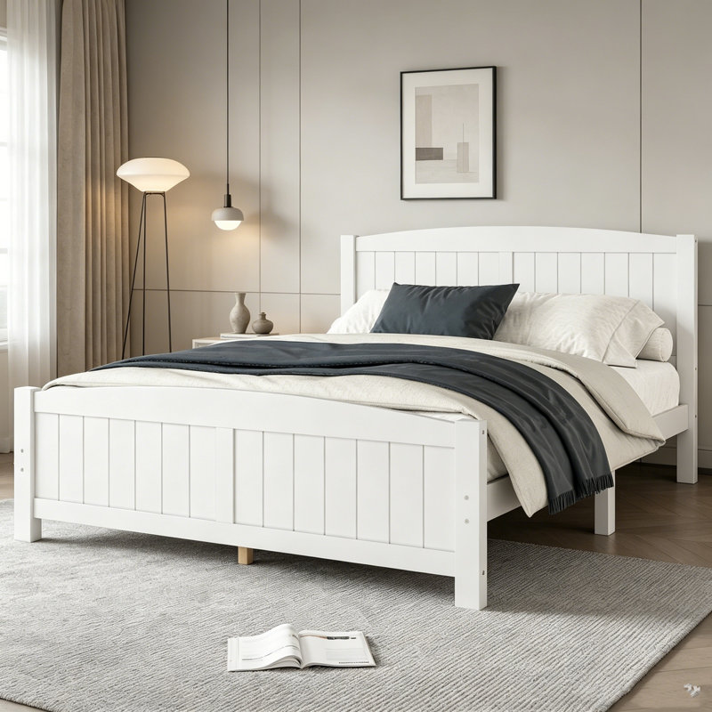 Lit plateforme, lit plateforme en bois massif avec lattes de soutien, tête et pied de lit, aucun sommier nécessaire, cadre de lit en bois pour chambre et appartement, blanc et noir