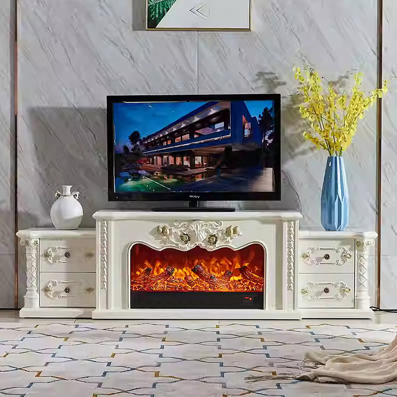Carved Electronic Fireplace TV Storage Cabinet, Ivory