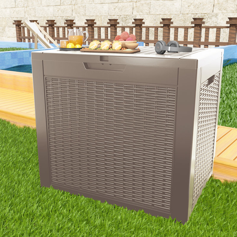 Decksplore 30 Gallons Water Resistant Resin Lockable Deck Box(Rattan weave style), Light Coffee