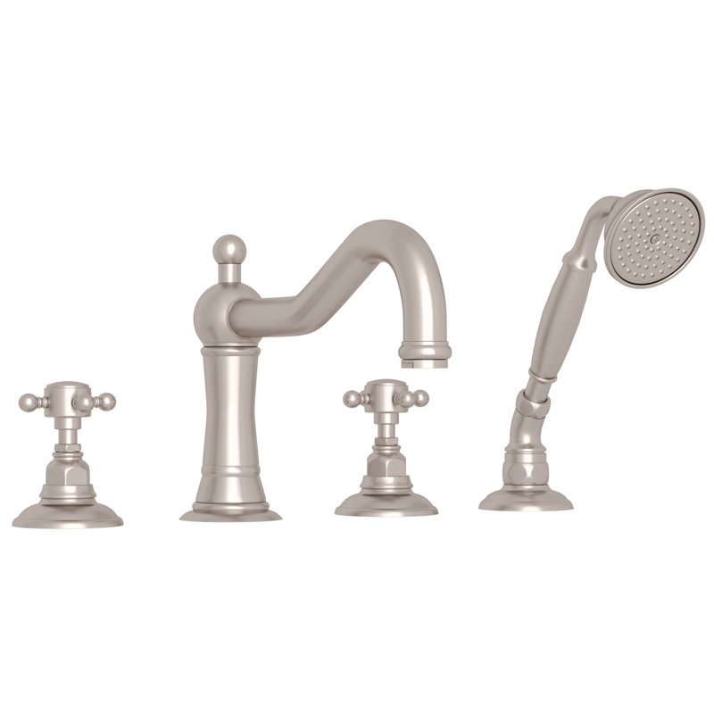Acqui 4-Hole Deck Mount Tub Filler, Satin Nickel, Cross Handle