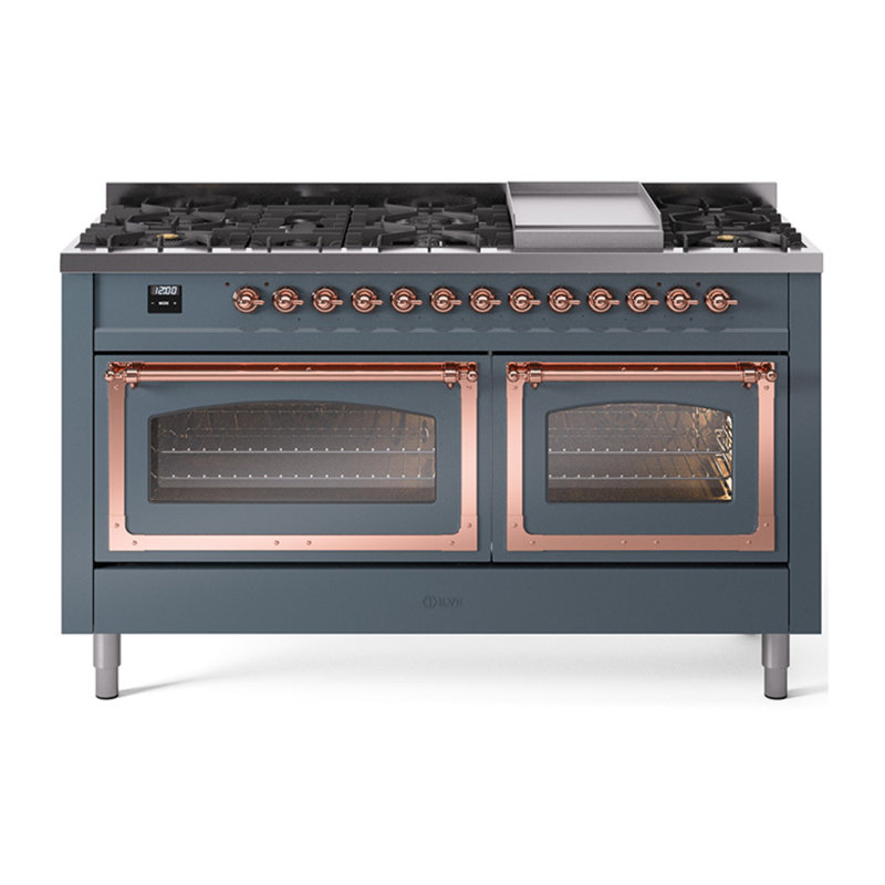 ILVE Nostalgie II Noblesse 60 po à deux brûleurs, 9 brûleurs, plaque chauffante, Propane liquide, Gris-bleu / cuivre