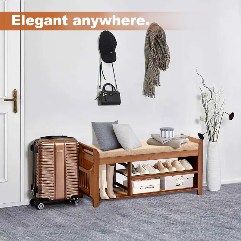 Shoe Storage Bench for Entryway, Bamboo Entryway Bench with Hidden Drawer and Side Supports, 2 Tier Shoe Organizer for Entryway, Hallway, Bedroom and Bathroom
