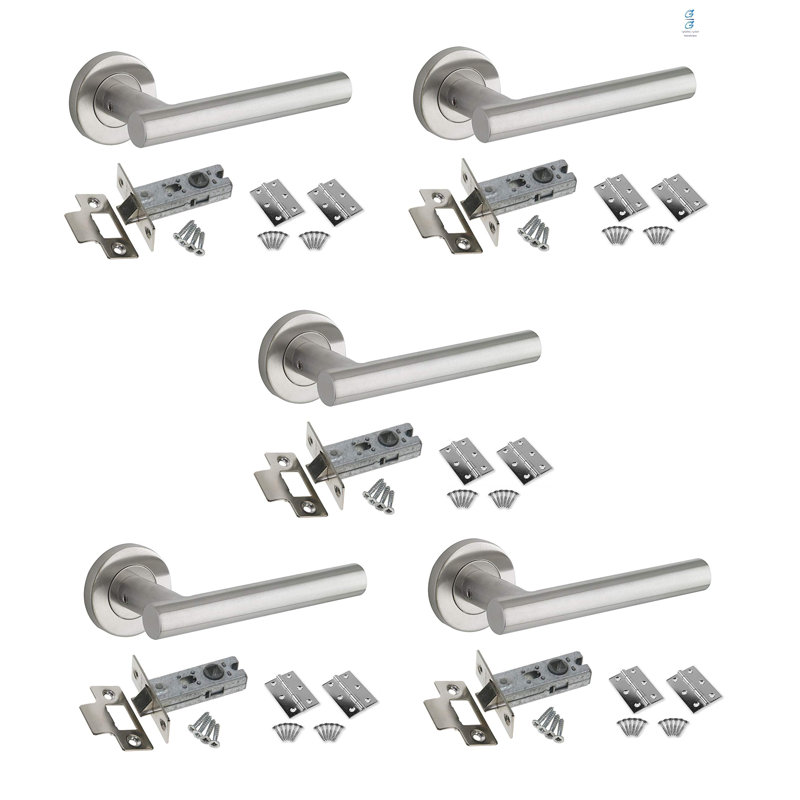 Golden Grace 5 Sets Straight T-Bar Door Handles Pack in Stainless Steel Finish with Tubular Latch and Hinges