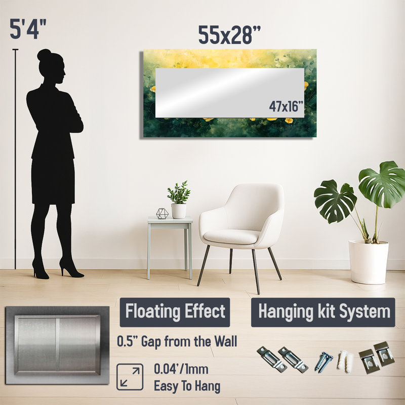 Fleurs sauvages des prairies par la campagne II - Art mural miroir floral - imprimé sur métal, 28 po x 55 po