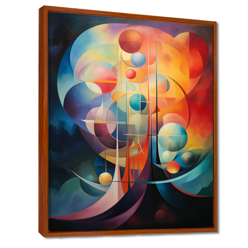 Rainbow Moons Retro Geometrics - Abstract Landscape Wall Art Living Room, H 44 po x l 34 po, Cadre flottant brun