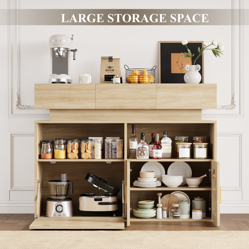 Buffet polyvalent pour buffet de cuisine - 3 tiroirs, tablette réglable - Chargeur USB Type-C - Portes en verre arquées - Rangement spacieux - Salle à manger, salon, bar à café - Couleur: bois naturel et blanc