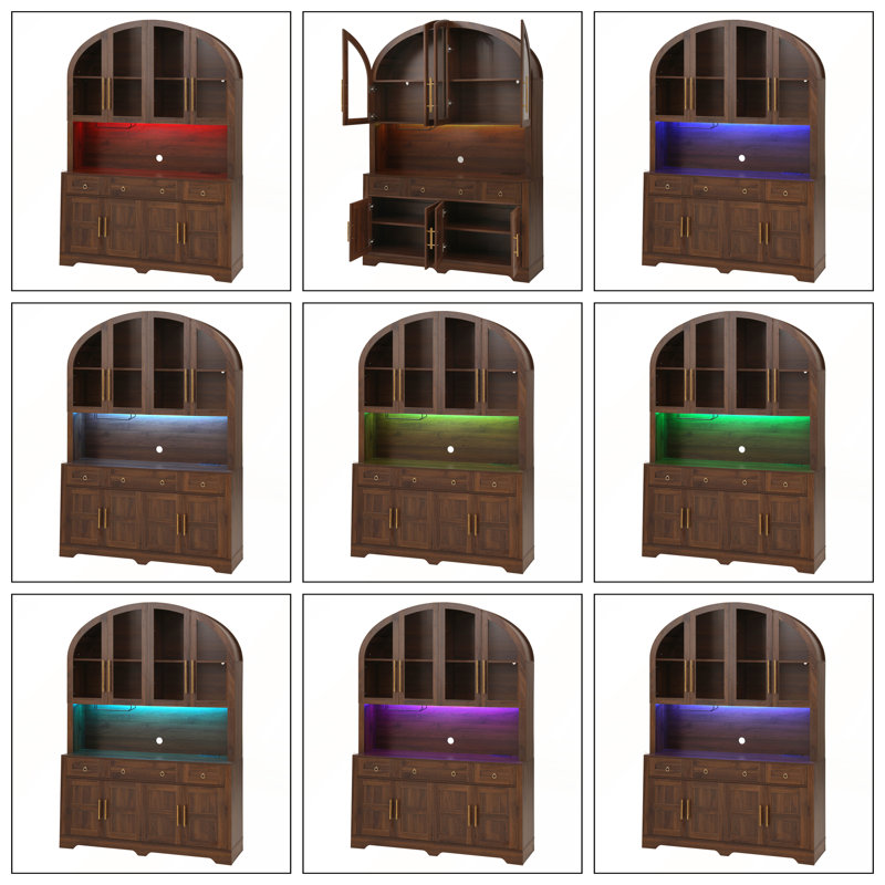 Armoire de cuisine cintrée de 75,8 pouces de hauteur et 55 pouces de largeur avec éclairage DEL et prise de charge, Brun