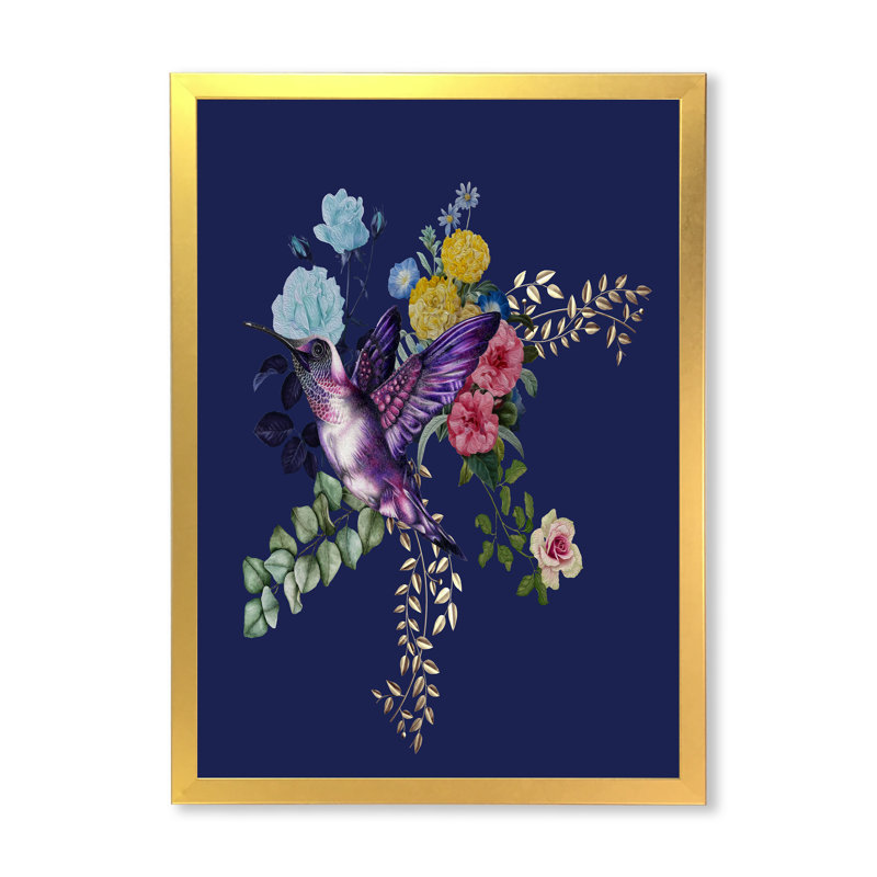 Petit oiseau sur un bouquet coloré de fleurs sauvages I - Impression sur toile, H 40 po x l 30 po x 1,5 po, Cadre doré