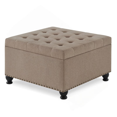 Large Square Storage Ottoman With Wooden Legs, Upholstered Button Tufted Coffee Table