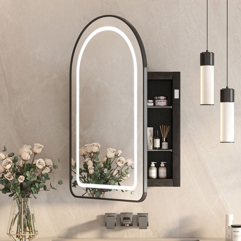 Arched Medicine Cabinet With Light,recessed Lighted Led Medicine Cabinet Mirror With Storage For Bathroom, Matte Black