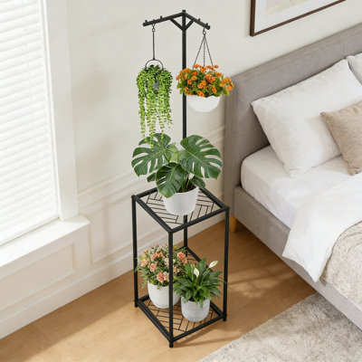 3-Tier Hanging Plant Stand For Indoor And Outdoor Use, Corner Plant Shelf With Top Suspension Rod, Space-Saving Metal Plant Rack For Multiple Potted Flowers, Succulents, And Trailing Plants
