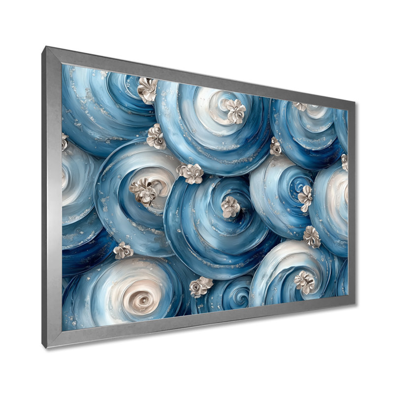 Céleste harmonie de motif côtier - art abstrait spirales murales, H 24 po x l 32 po, Cadre simple, Argent argent