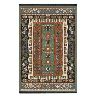 Ethnic Multicolor Vintage Look Woven Base Machine Washable Rug