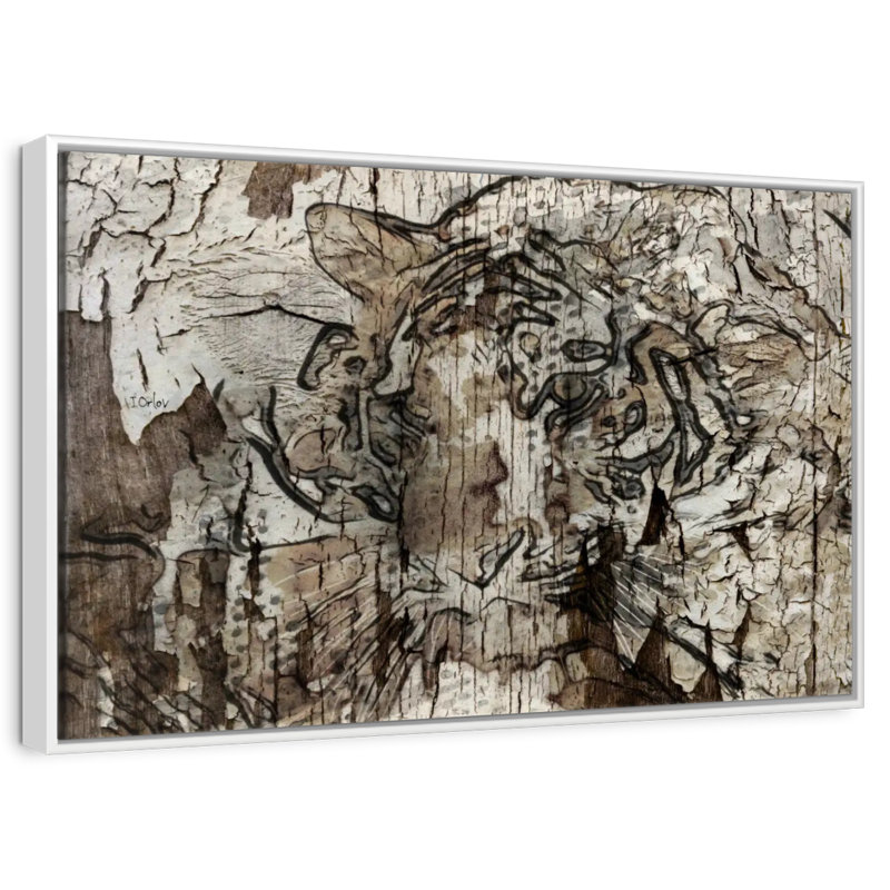 Tigre brun, 31 po x 21 po, Cadre flottant noyer