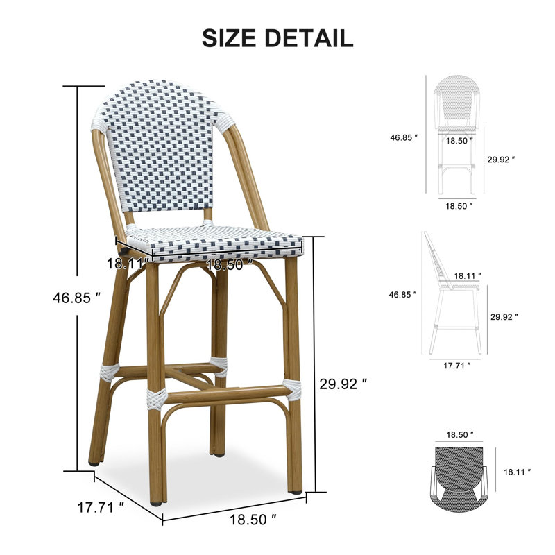 Ensemble de 2 tabourets de bar de style champêtre avec dossier en rotin, champagne / bambou, Bambou, Blanc / Bleu
