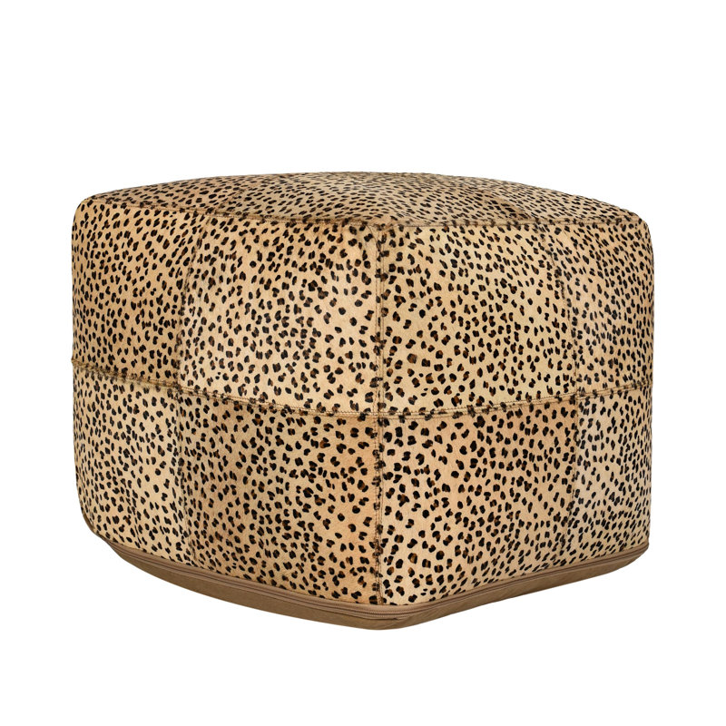 Leopard 18" Natural Leather Hide Printed Camel Floor Cushion Pouf, Black/Yellow