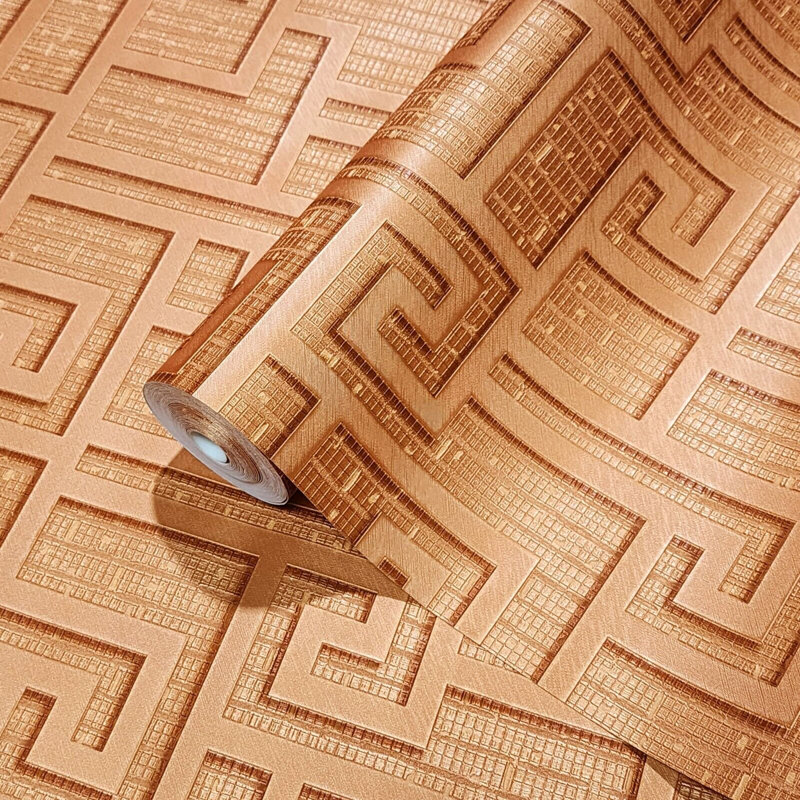 Versace Orange Red Copper Metallic Greek Key Lines Textured Wallpaper 3d