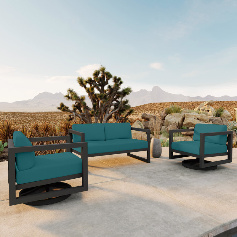 Avion 3 Piece Loveseat Set With Swivel, Slate, Spectrum Peacock Sunbrella® Plainweave