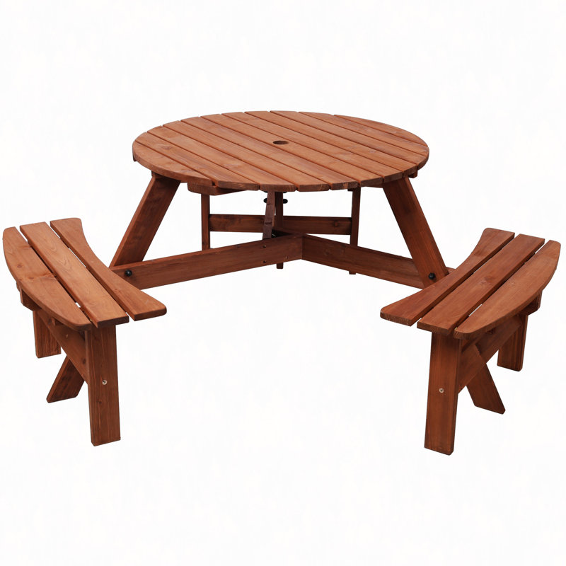 Wooden Picnic Table With 3 Built-In Benches,6 Person Kids Picnic Table, With Umbrella Hole,Camping Dining Table For Garden Patio Backyard