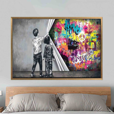Banksy Boy Graffiti Canvas Poster: Trendy Behind the Curtain Wall Art for Home Decor